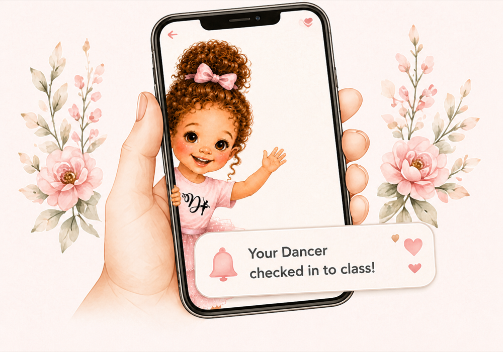 Twirla peeking from a phone with a dancer check-in alert
